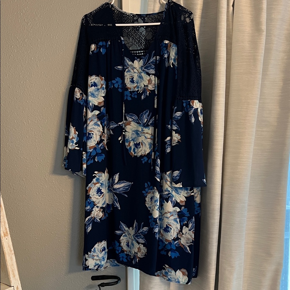 Luxology Navy Blue Floral Dress with Lace Accents